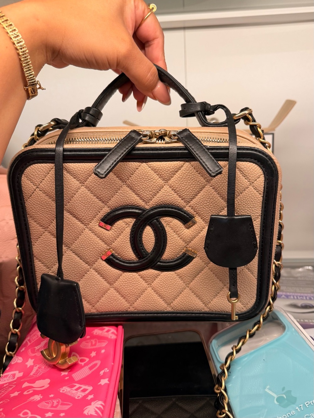 CHANEL Quilted Vanity Medium Bag in Beige and Black